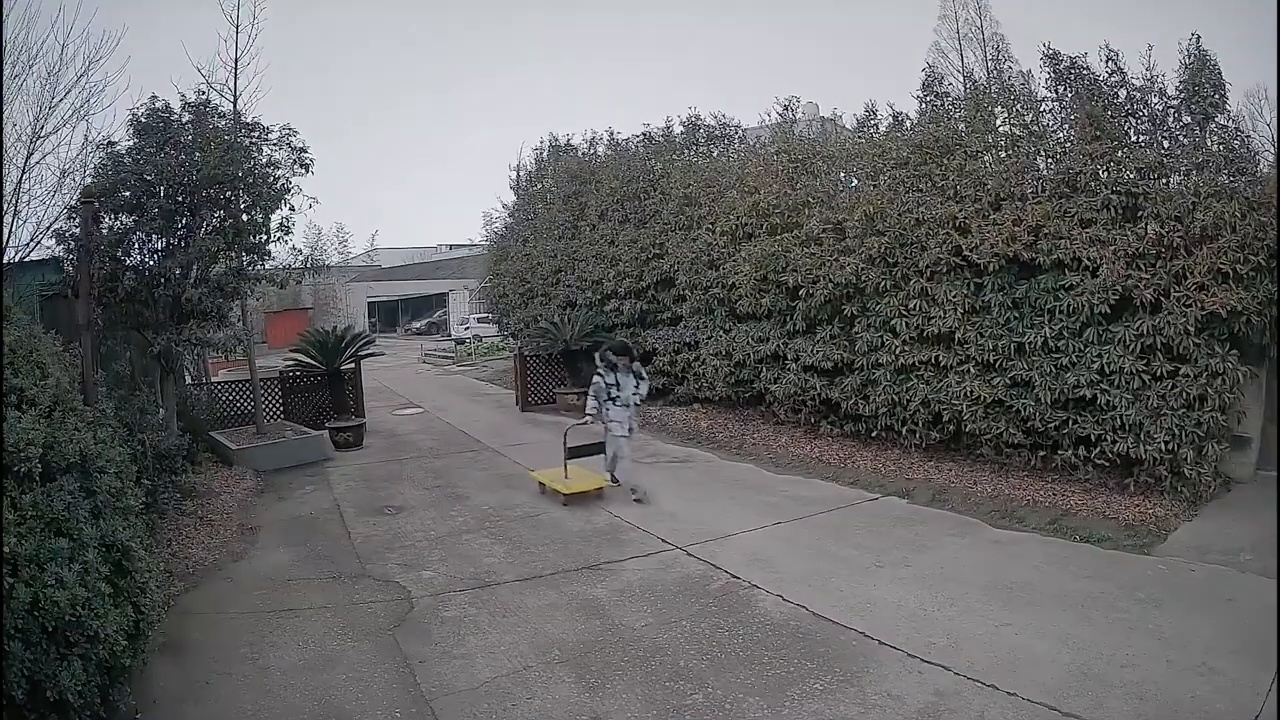 Camerabeeld in kleur van een persoon met een gele kar bij valavond